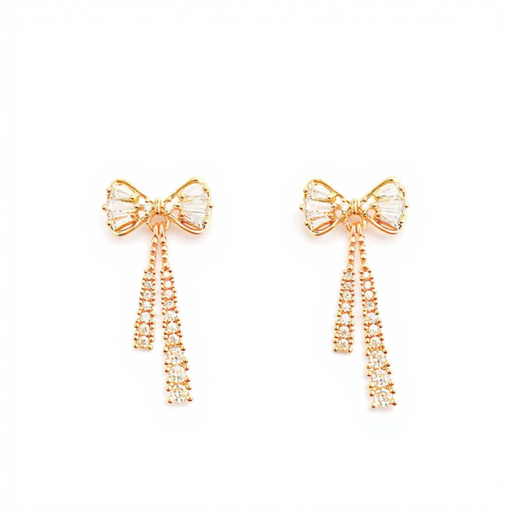 Elegant Bow Drop Earrings with Sparkling Tapered Accents and Delicate Dangling Strands for a Refined Feminine Statement Look