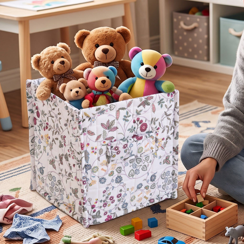 Floral Quilted Fabric Storage Cube Bin with Carry Handles