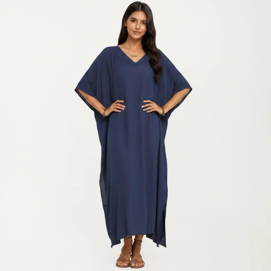 Anna-Kaci Women's V-Neck Maxi Swim Cover Up Dress Loose Short Sleeve Lightweight Beach Caftan