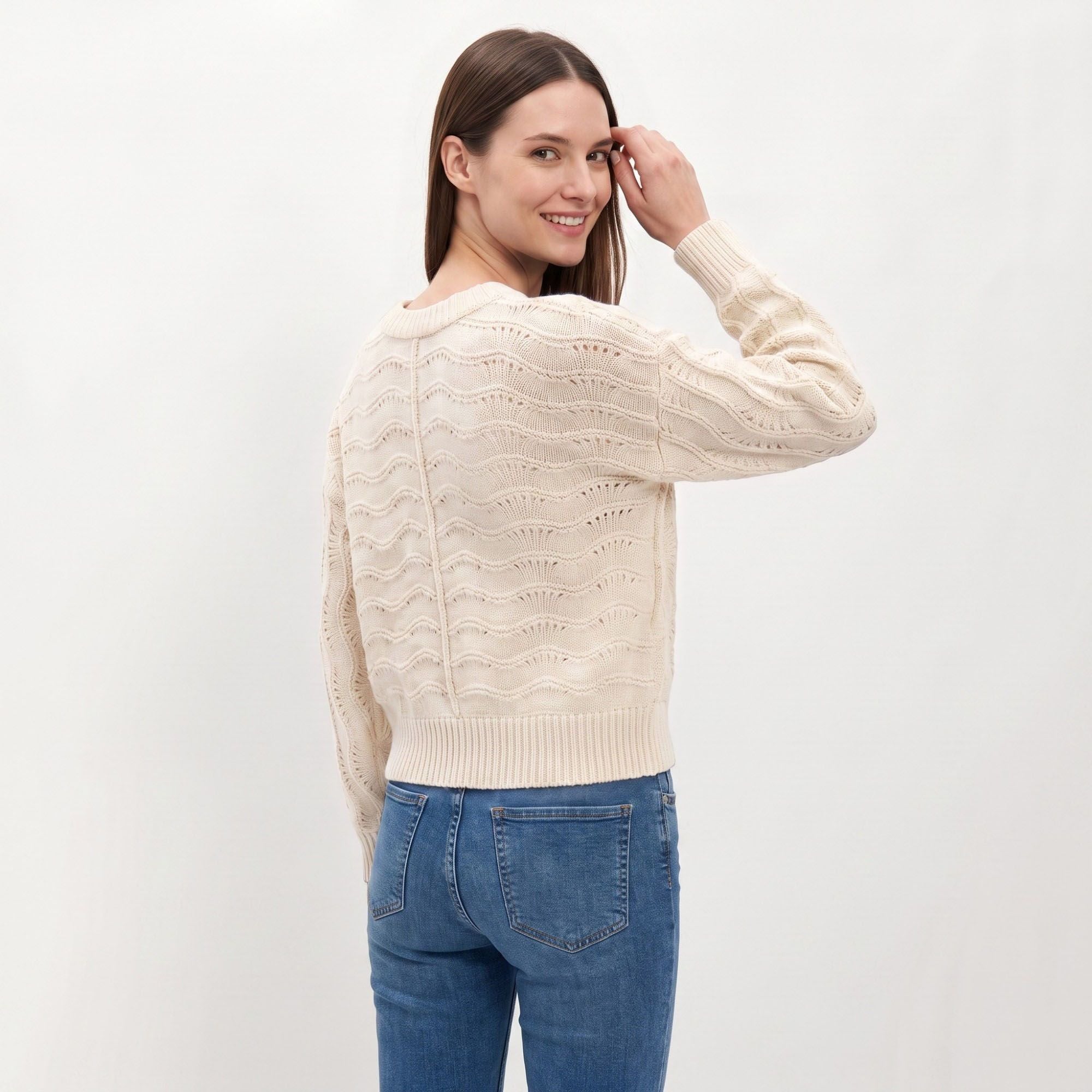Wavy Pointelle Button-Front Long Sleeve Knit Cardigan