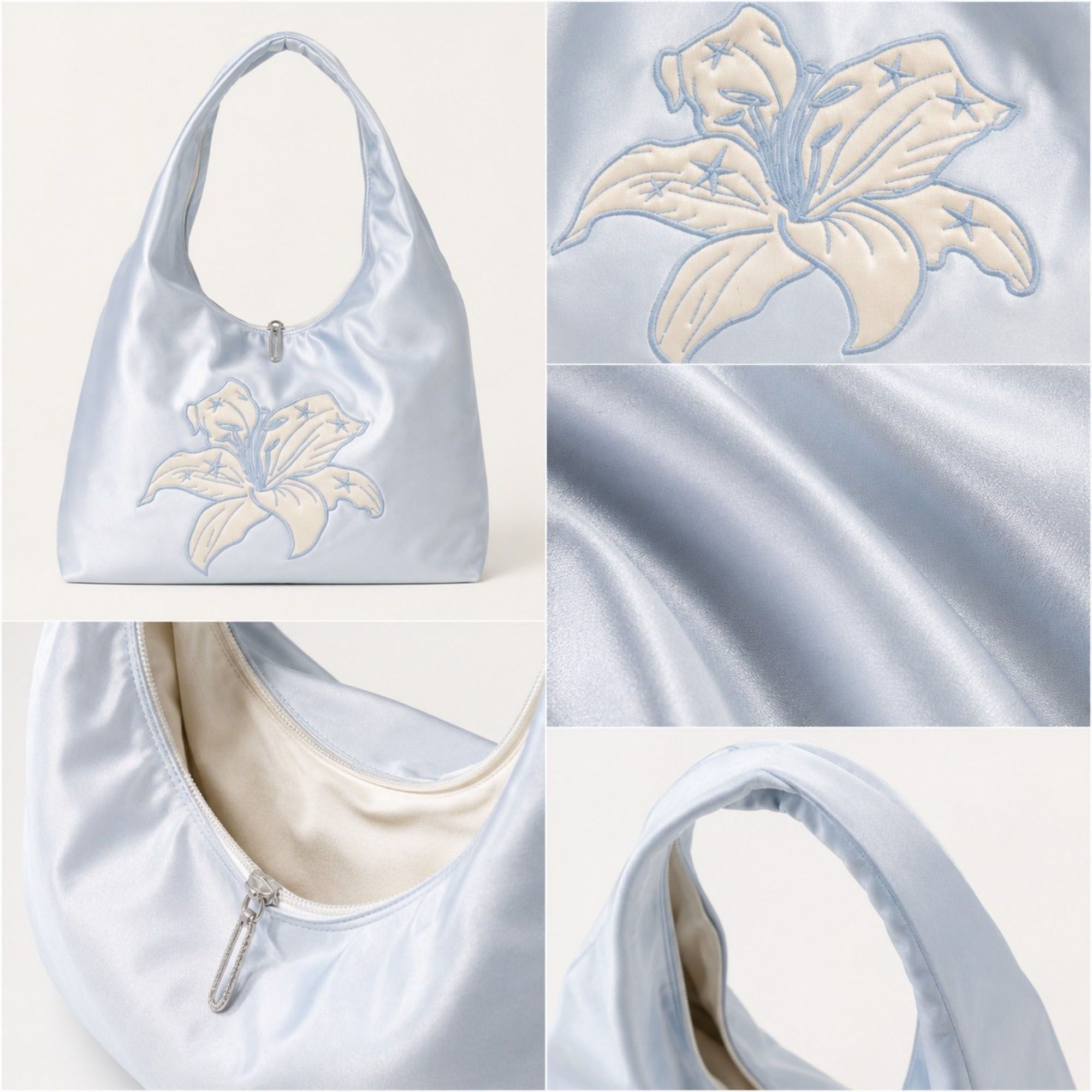 Satin Hobo Shoulder Bag with Embroidered Lily Detail