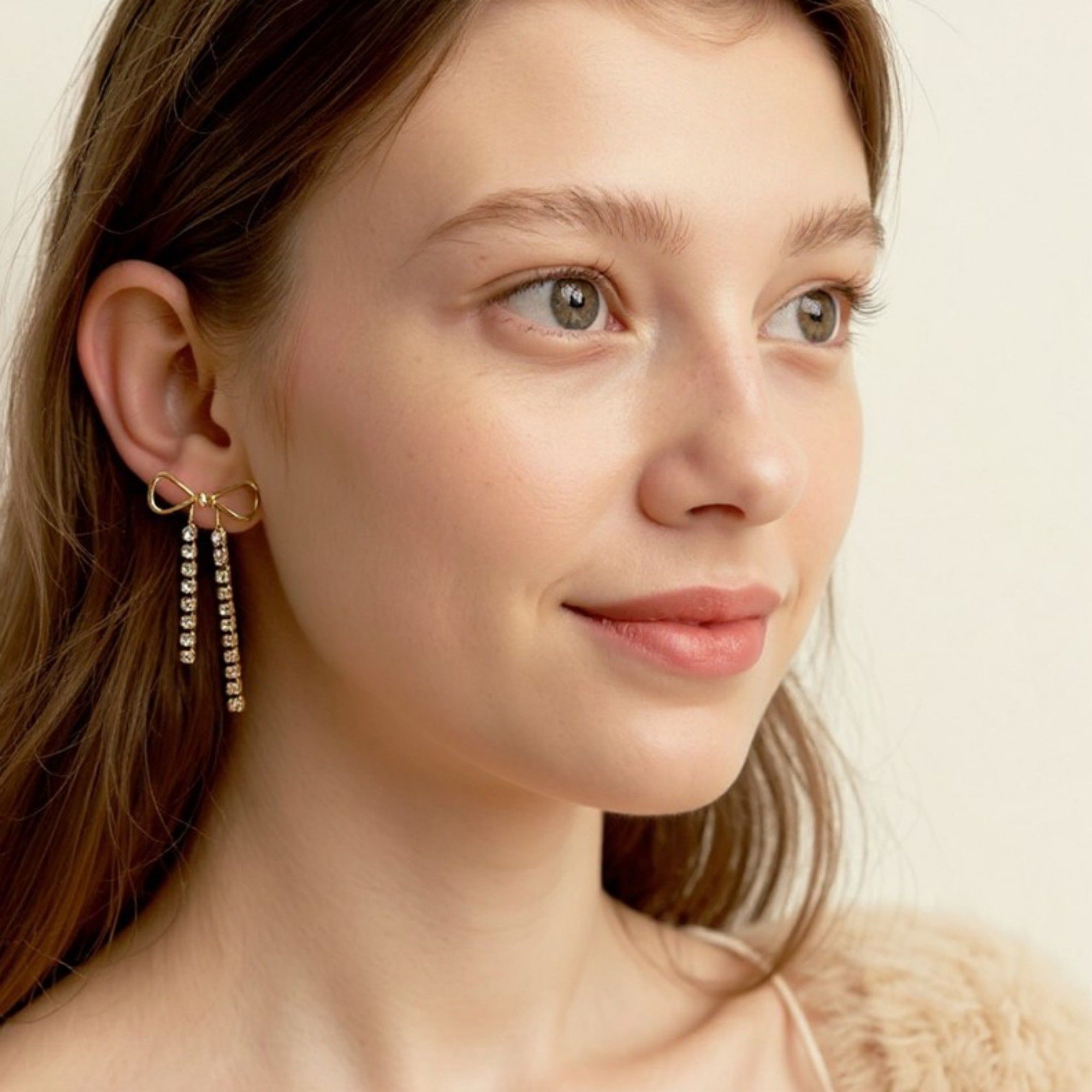 Bow Drop Earrings with Rhinestone Dangle Detail Feminine Statement Jewelry