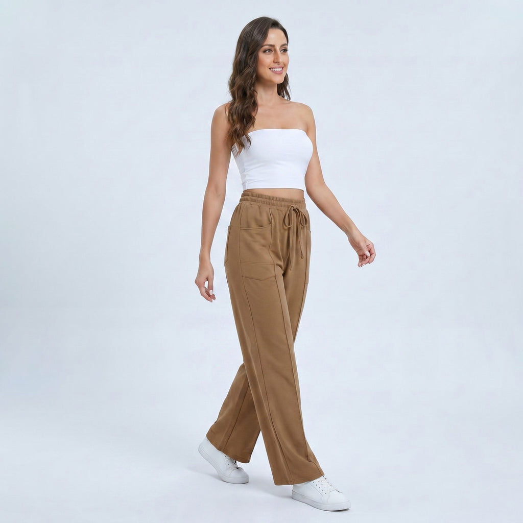 Anna-Kaci Women's High Rise Drawstring Wide Leg Utility Pants with Patch Pockets