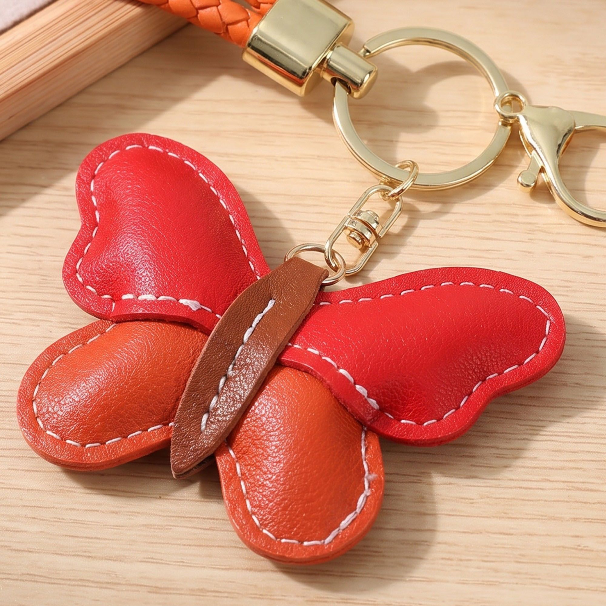 2-Piece Womens Faux Leather Bag Charm Keychain with Braided Wrist Strap and Gold Tone Ring