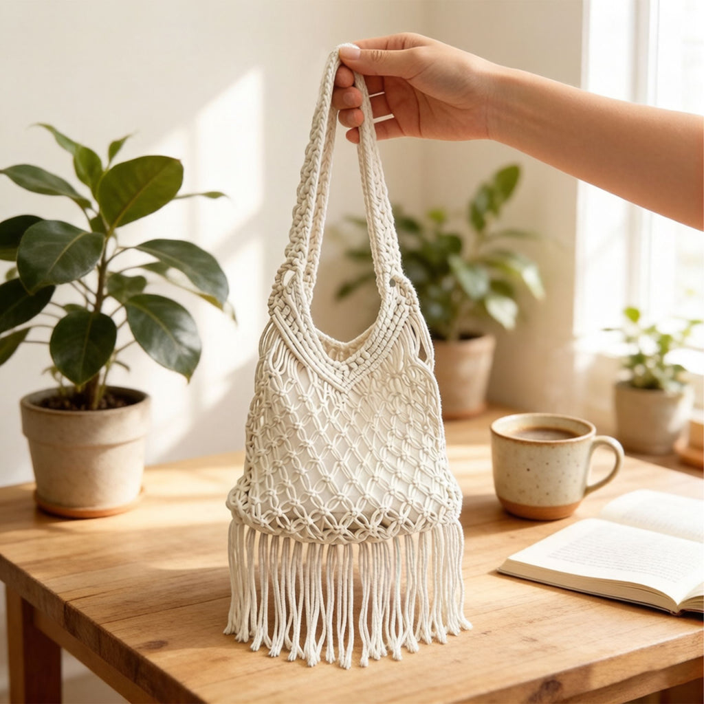 Crochet Fringe Shoulder Bag Open Knit Boho Tassel Handbag Lightweight Woven Crossbody Tote
