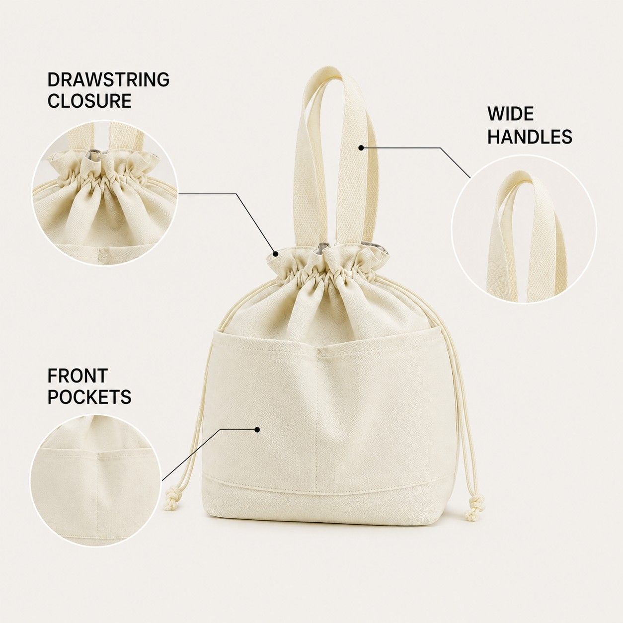 Insulated Drawstring Lunch Bag with Front Pockets Reusable Lunch Tote