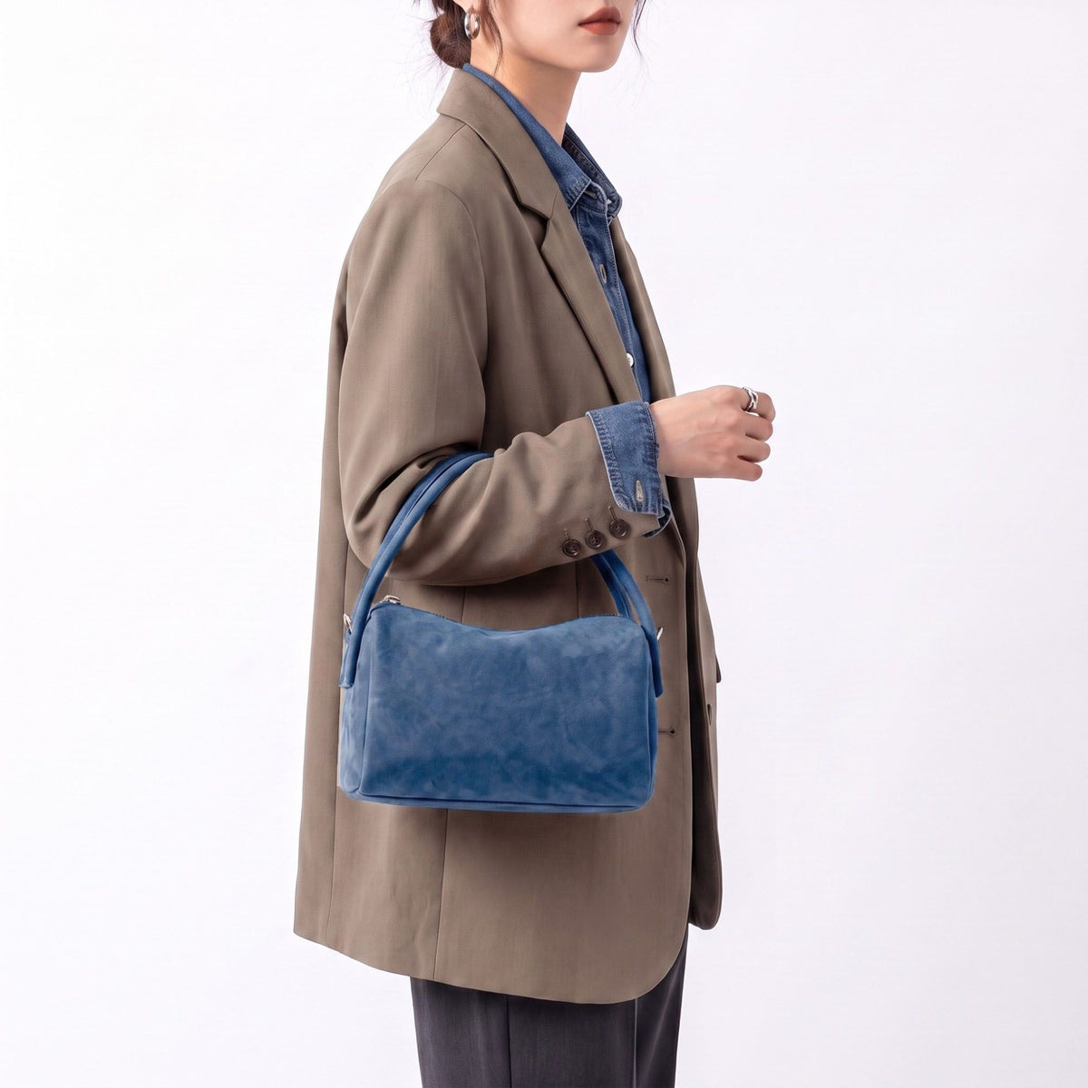 Faux Suede Handbag with Detachable Crossbody Strap and Zipper Closure