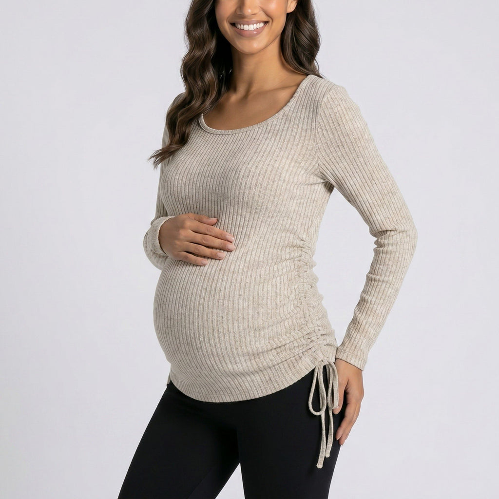 Anna-Kaci Women's Maternity Ribbed Long Sleeve Top with Scoop Neck and Side Ruched Tie Detail