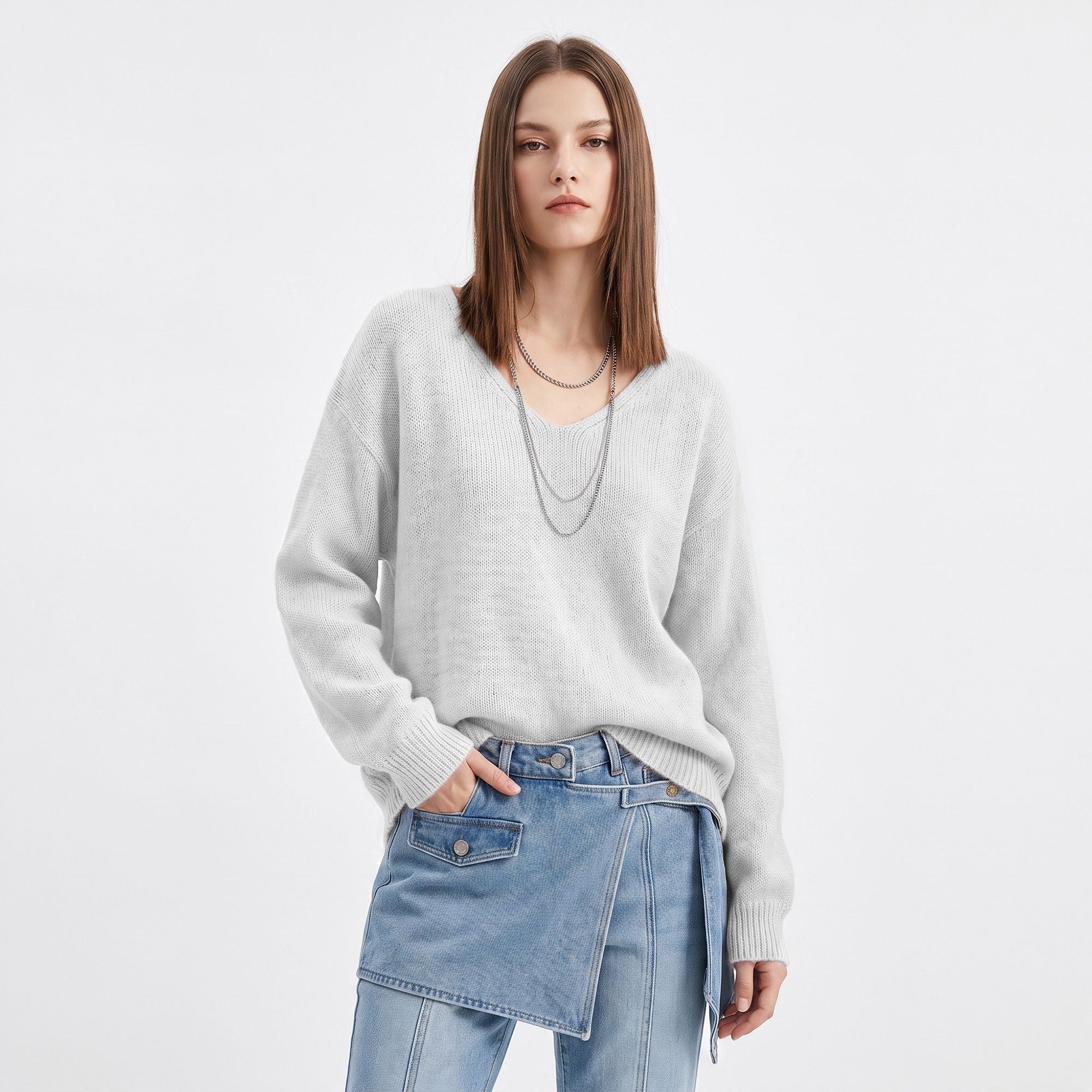 Oversized V Neck Longline Knit Pullover Sweater