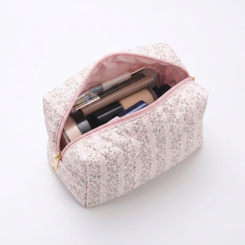 Floral Quilted Makeup Bag Travel Cosmetic Toiletry Pouch with Zipper Closure