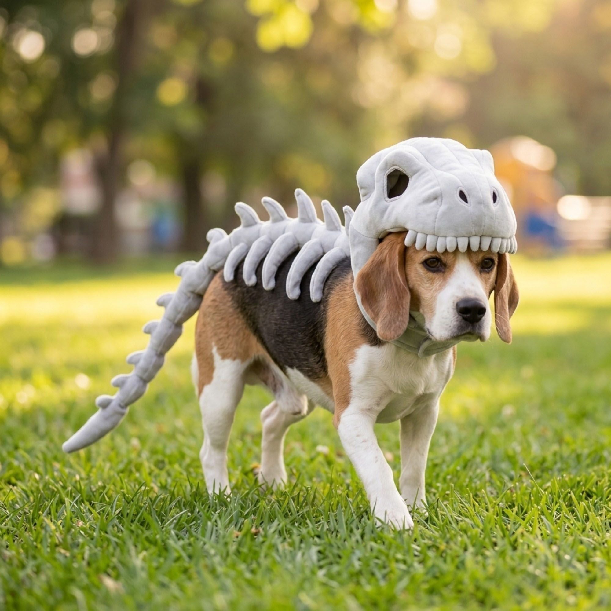 Pet Dinosaur Skeleton Costume Plush Skull Hood and Spine Outfit for Dogs and Cats
