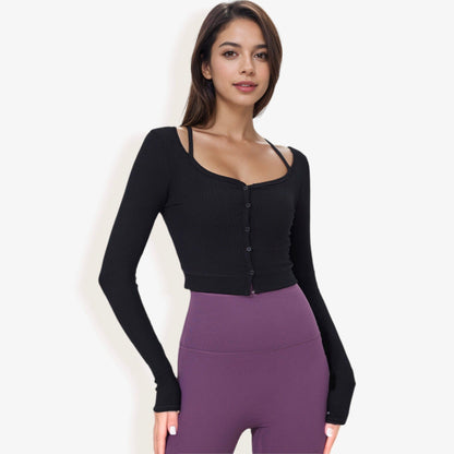 Cropped Button-Up Ribbed Long Sleeve Top with Scoop Neckline