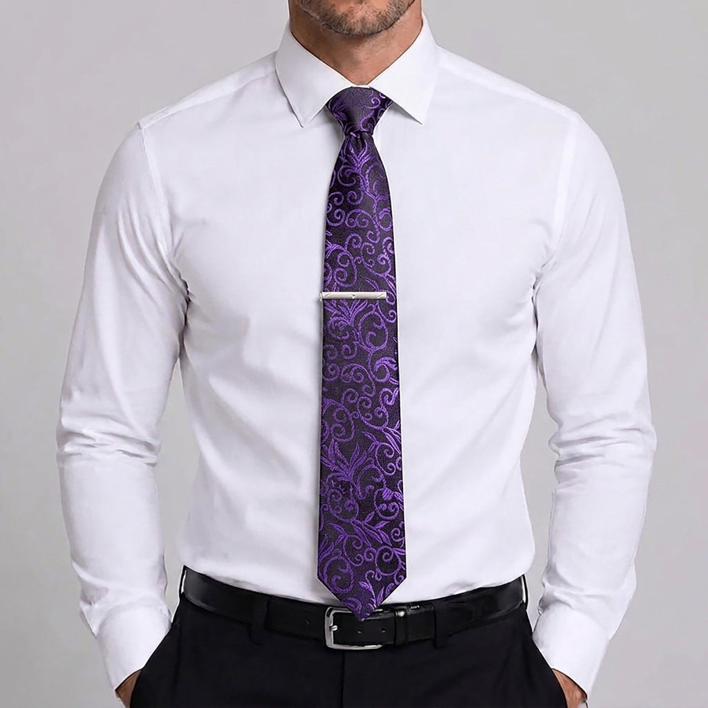 Men's Baroque Floral Tie Gift Set with Matching Pocket Square Cufflinks and Silver Tie Clip