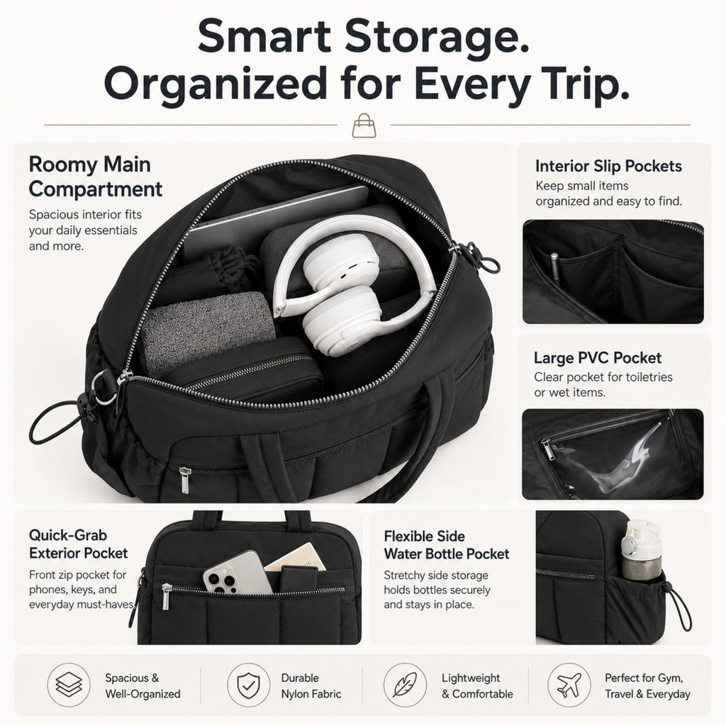 Nylon Travel Tote Gym Bag with Pockets and Shoulder Handles