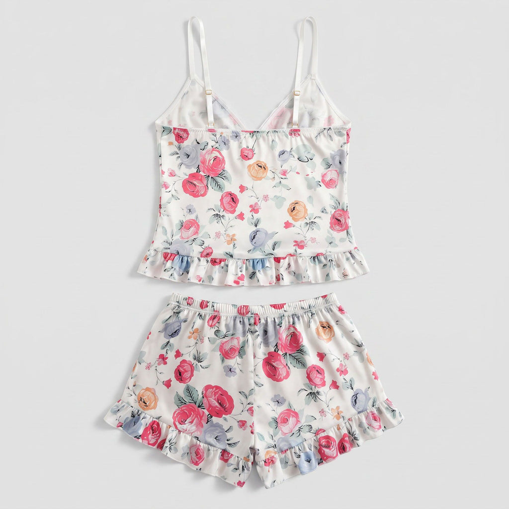 Floral Satin Ruffle Cami and Shorts Lingerie Set