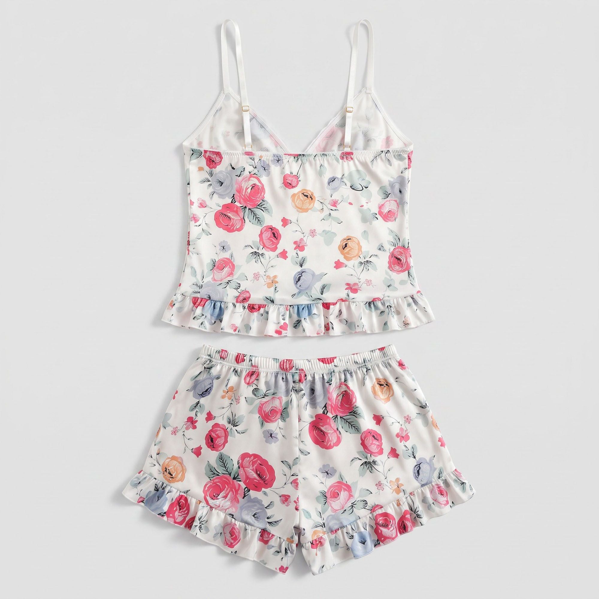 Floral Satin Ruffle Cami and Shorts Lingerie Set