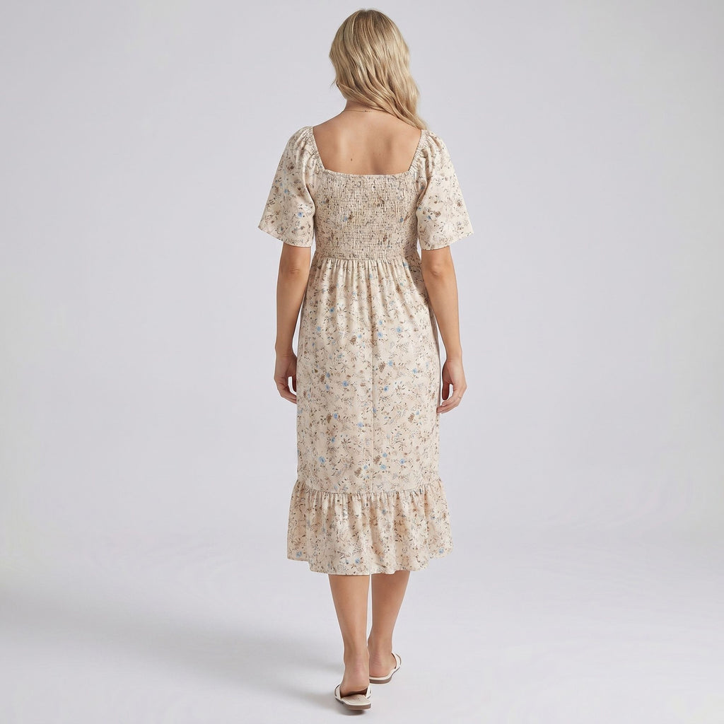 Maternity Floral Square Neck Midi Dress with Smocked Bodice and Flutter Sleeves