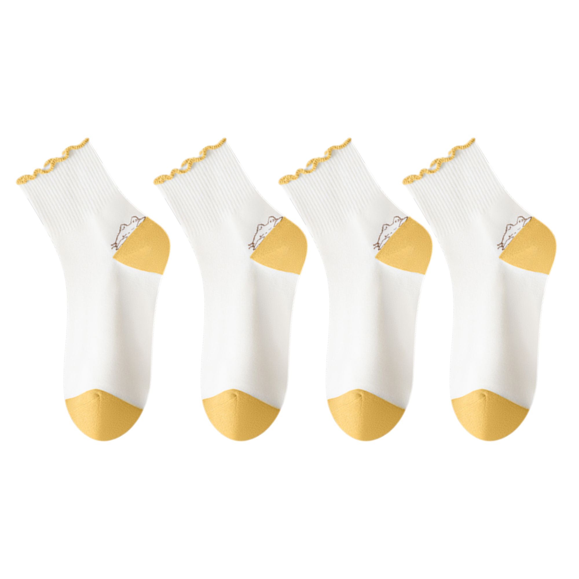 Anna-Kaci 4 Pairs Mid-Crew Ruffle Trim Socks with Contrast Toe Heel and Cat Embroidery Design