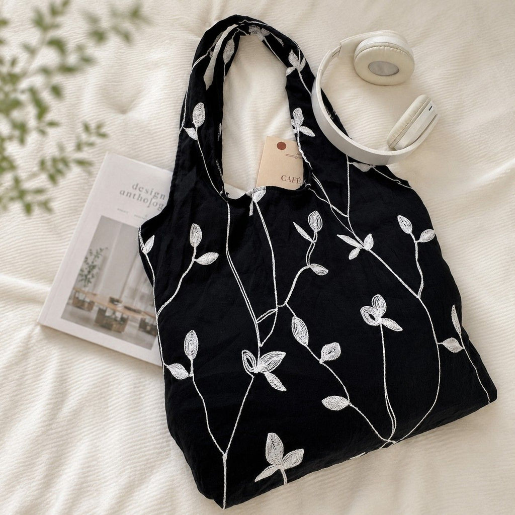 Embroidered Leaf Shoulder Tote Bag Lightweight Foldable Everyday Bag for Women