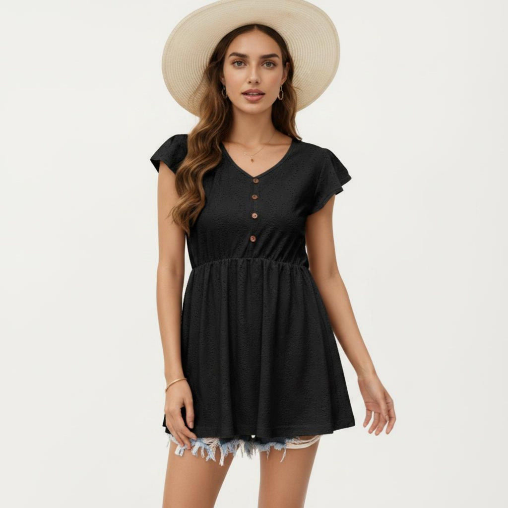 Anna-Kaci Women's Eyelet Babydoll Top with V-Neckline Button Front and Flutter Sleeves