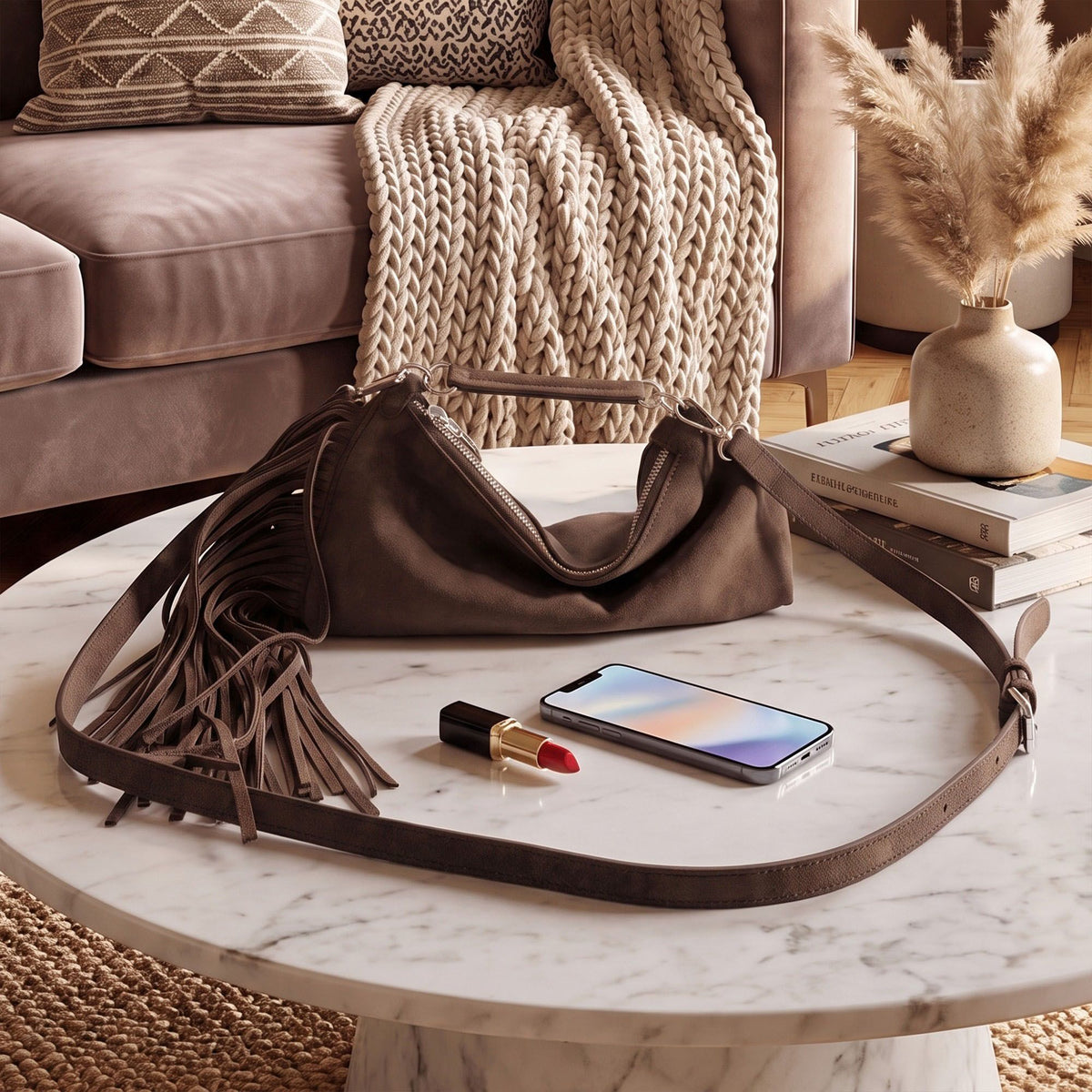 Slouchy Shoulder Handbag with Fringe Tassel and Zipper Closure