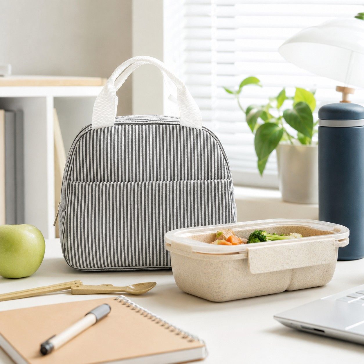 Striped Insulated Lunch Tote Bag with Front Pocket and Zip Closure