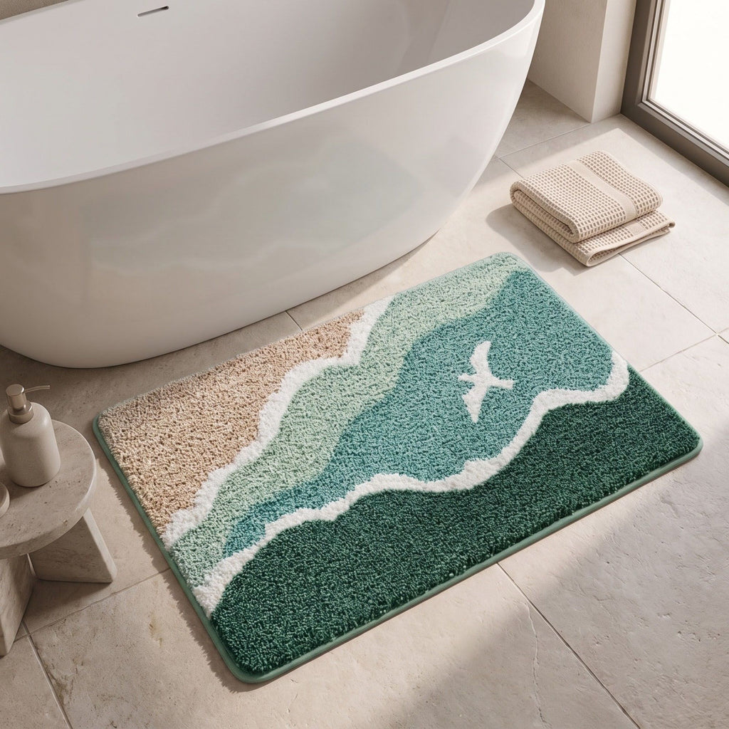 Coastal Ocean Wave Plush Bathroom Mat with Life Preserver and Seashell Design