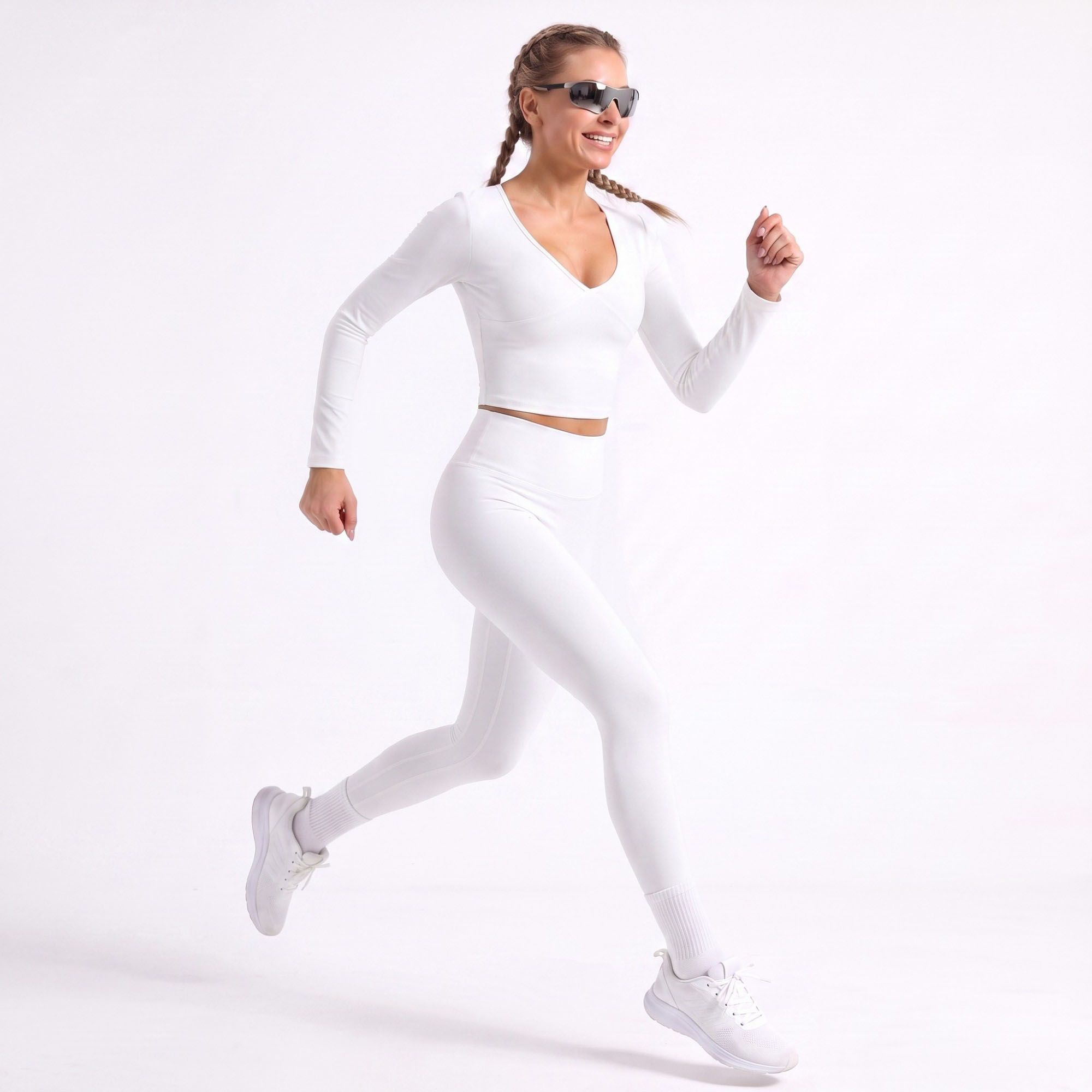 V Neck Long Sleeve Workout Crop Top Fitted Active Shirt