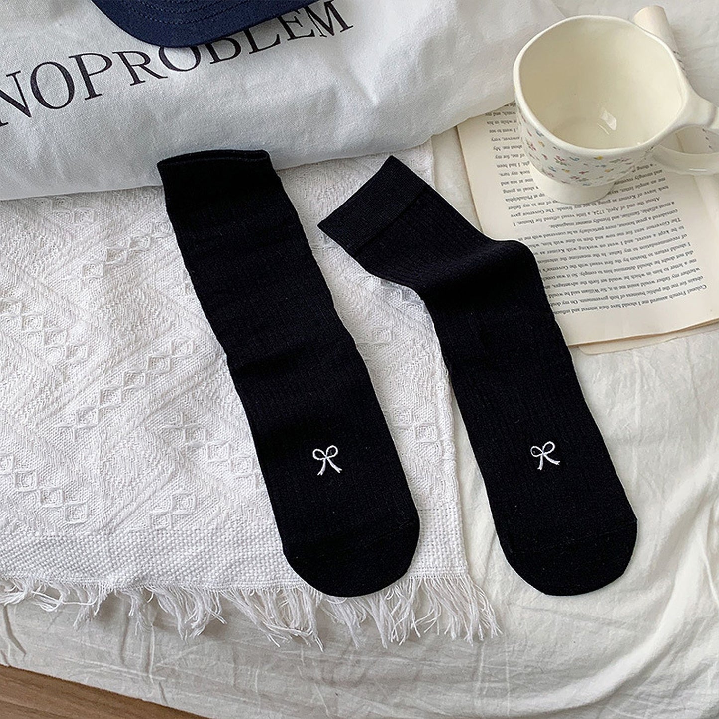 Anna-Kaci Women's Ribbed Ankle Socks with Bow Embroidery 6Pk