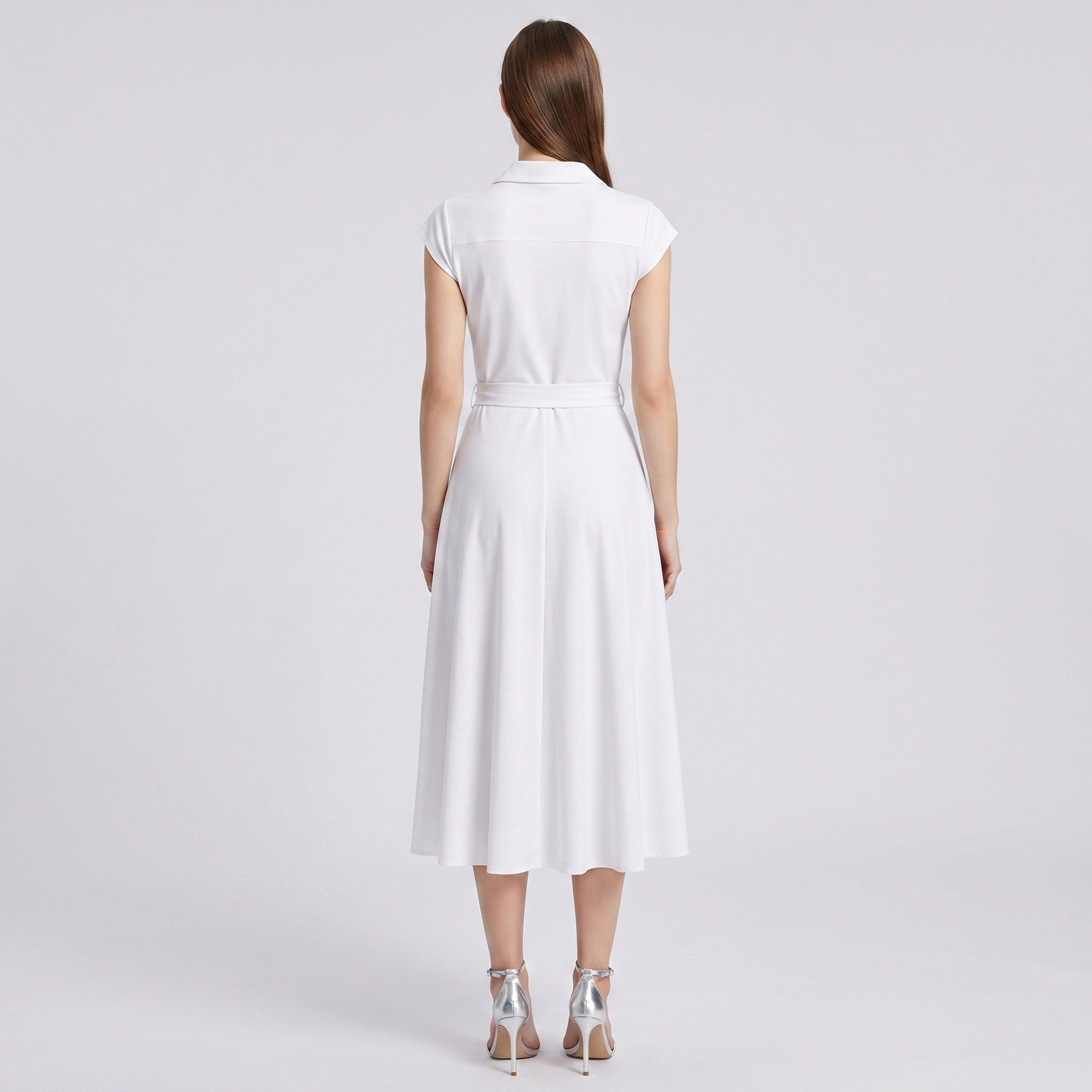 Collared Button Front Cap Sleeve Midi Shirt Dress with Pintuck Bodice Tie Waist and Flowy A Line Skirt
