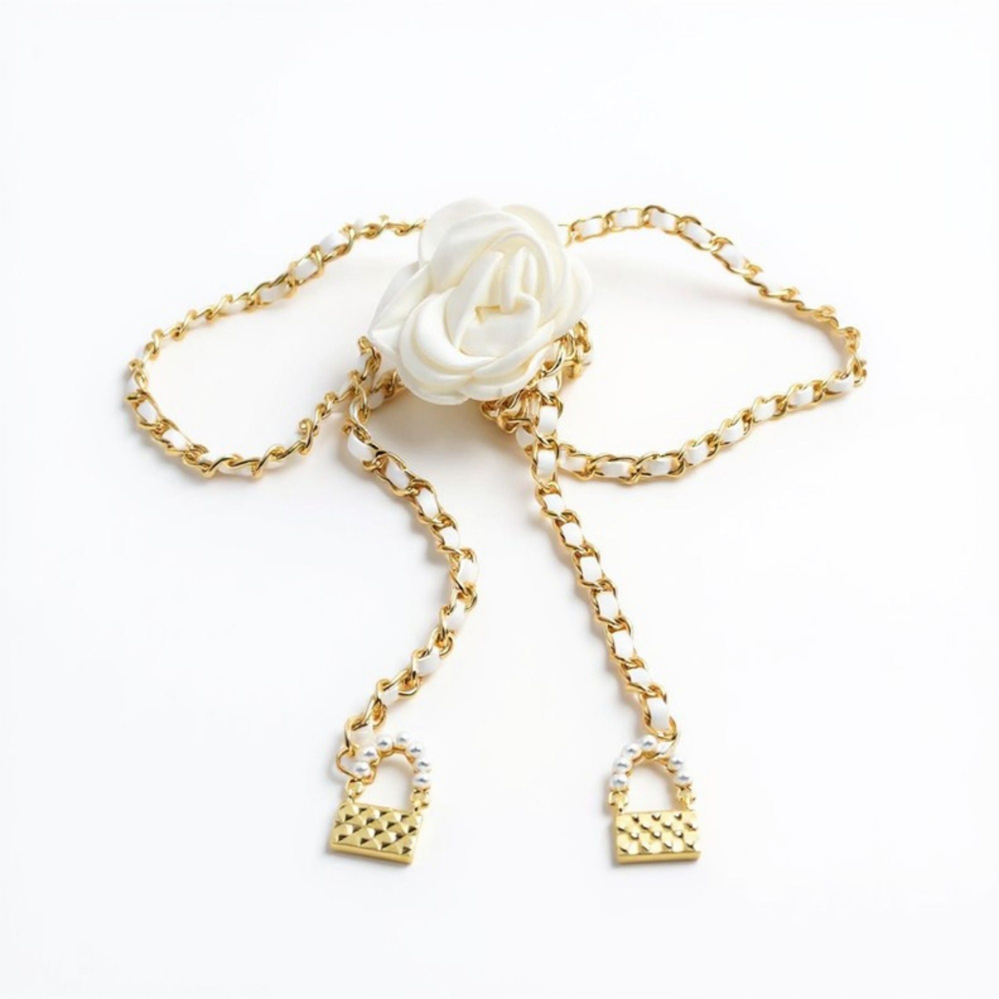 Anna-Kaci Women's Rose Flower Chain Belt with Hanging Lock Charms and Adjustable Drape Design 45.5in