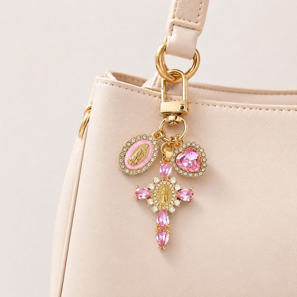 3pc Cross Keychain Bag Charm with Rhinestone Heart Pendant and Medallion Accent