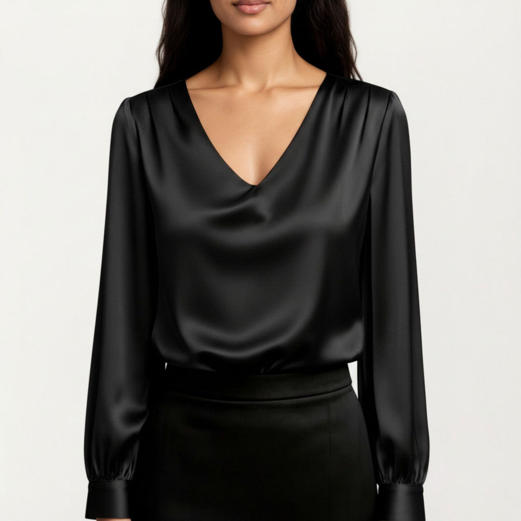 Anna-Kaci Women's Satin V-Neck Blouse with Long Balloon Sleeves and Wide Cuffs