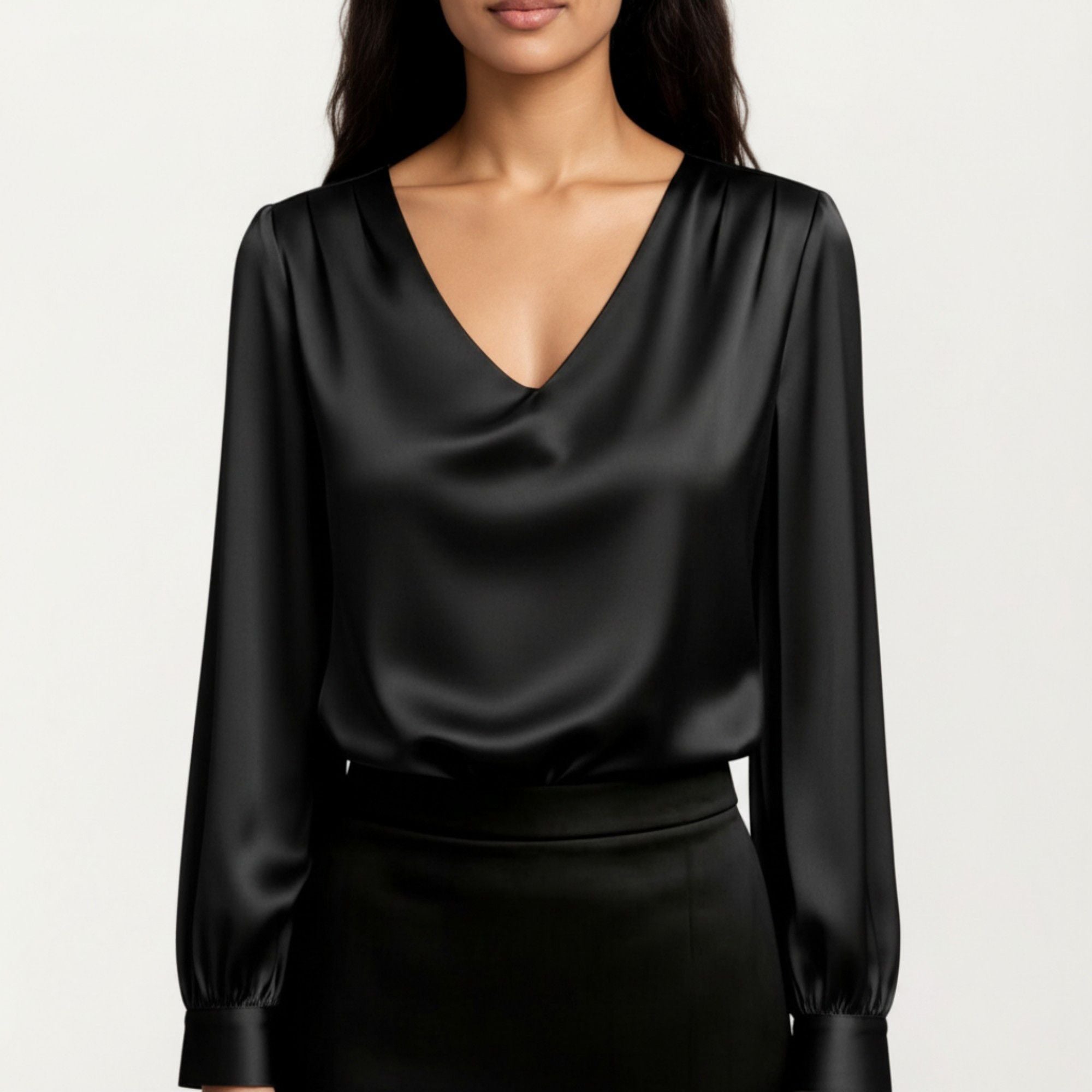 Anna-Kaci Women's Satin V-Neck Blouse with Long Balloon Sleeves and Wide Cuffs