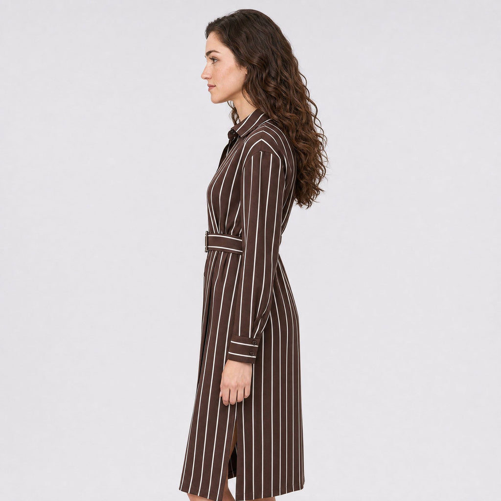Striped Belted Button Front Long Sleeve Midi Shirt Dress