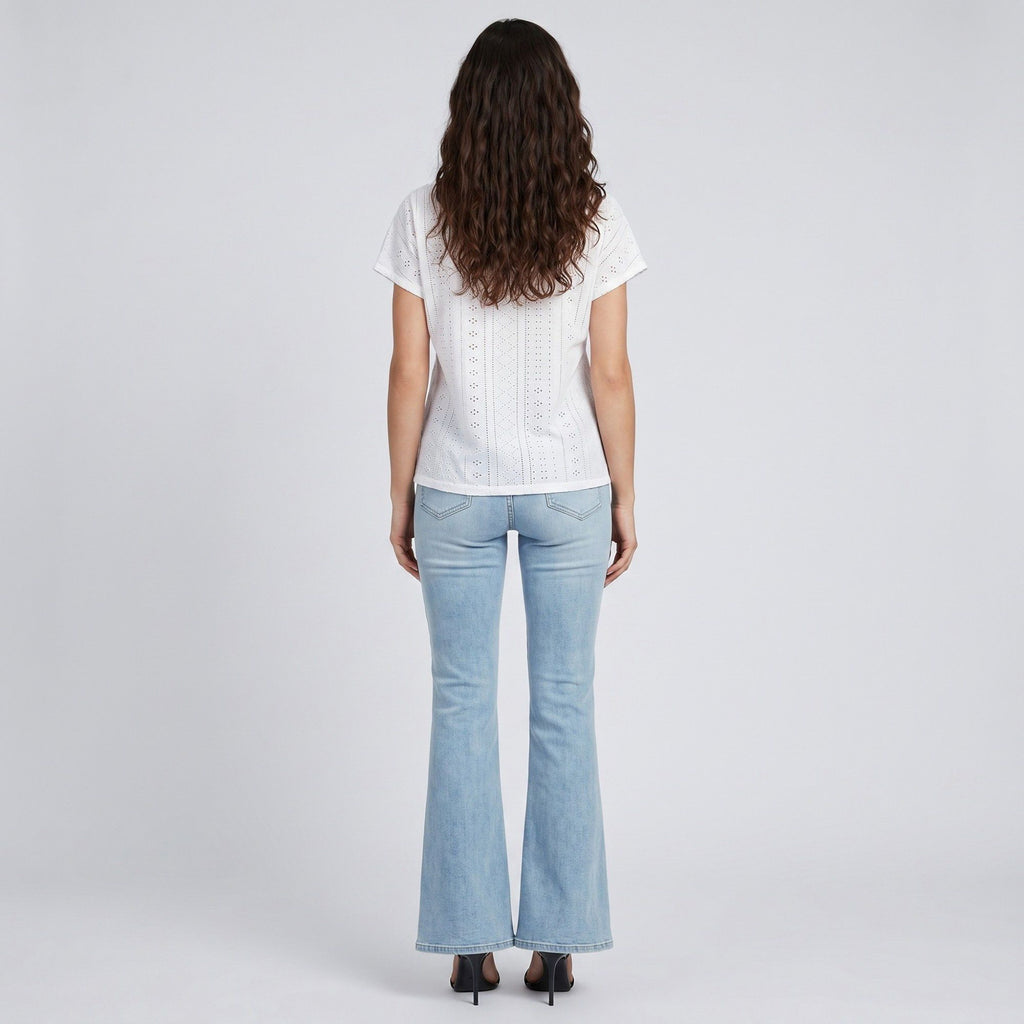 Boho V-Neck Eyelet Blouse Short Sleeve Embroidered Trim Top