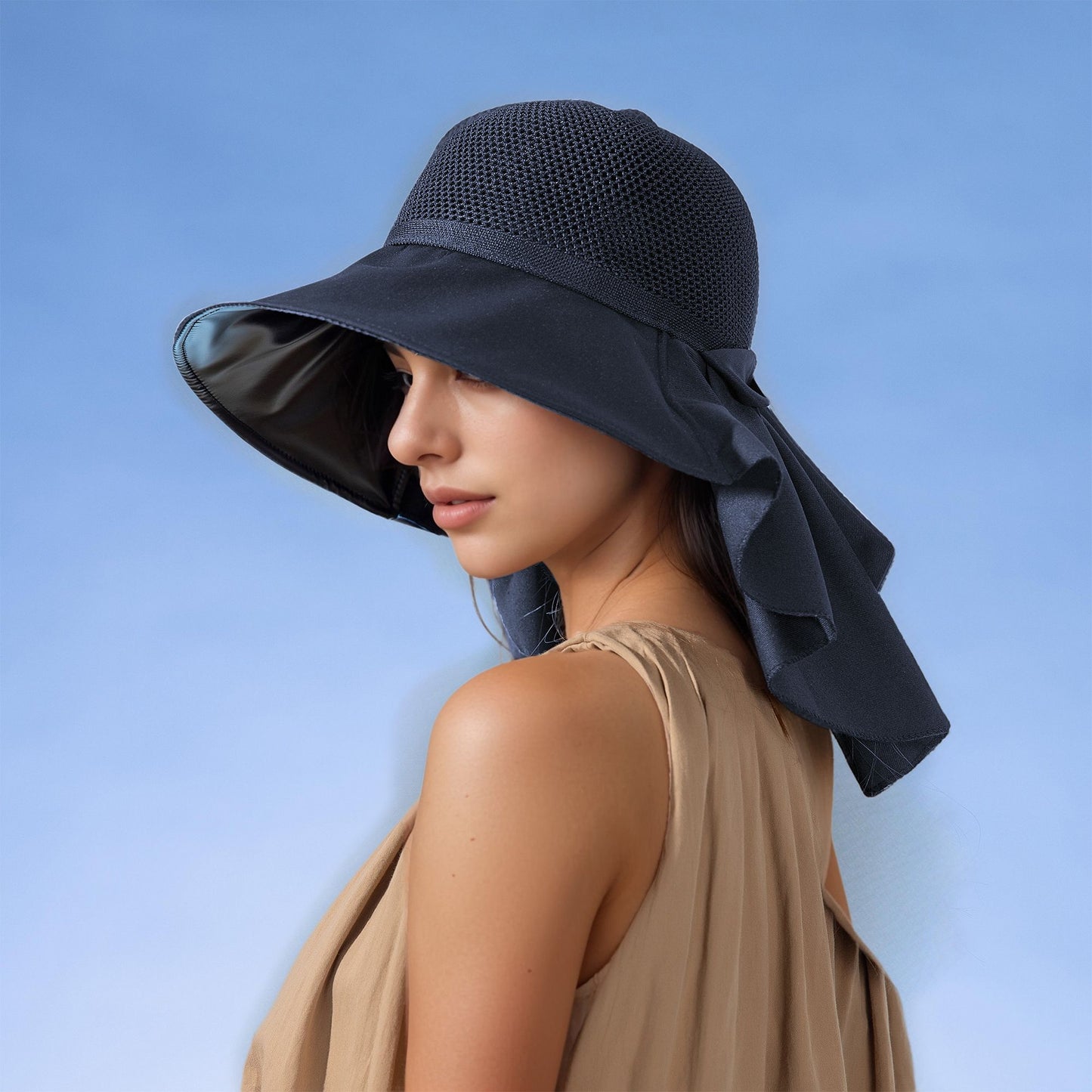 Anna-Kaci Womens Mesh Panel Wide Brim Sun Hat with Back Flap UV Protection and Tie Detail for Outdoor Activities