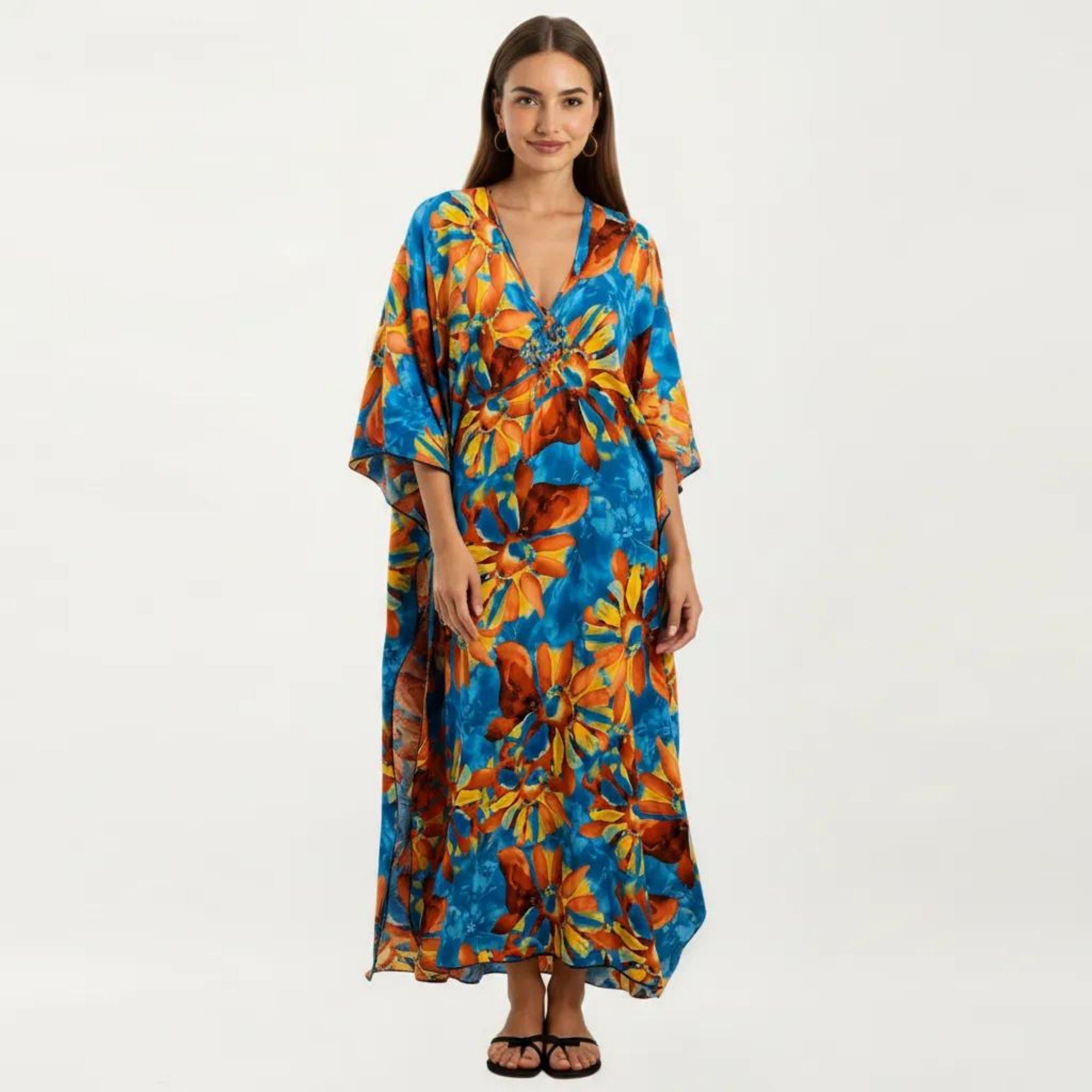 Anna-Kaci Women's Floral Print Kaftan Maxi Dress with V-Neck Button Front and Flowy Batwing Sleeves