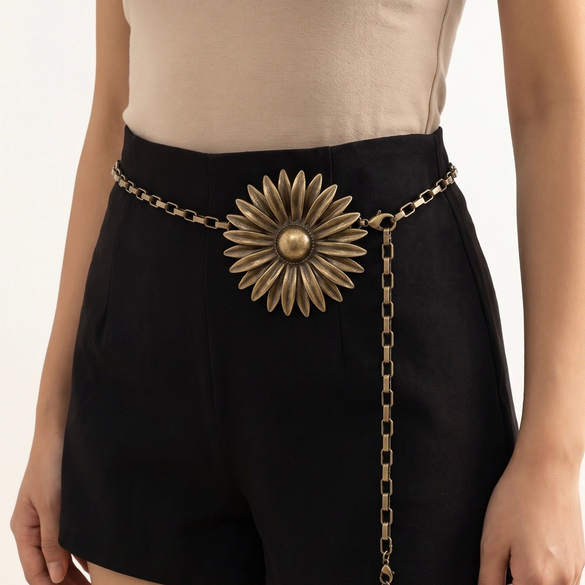 Vintage Sunflower Metal Waist Chain Adjustable Retro Body Belt Floral Inspired Waist Jewelry 47.2in