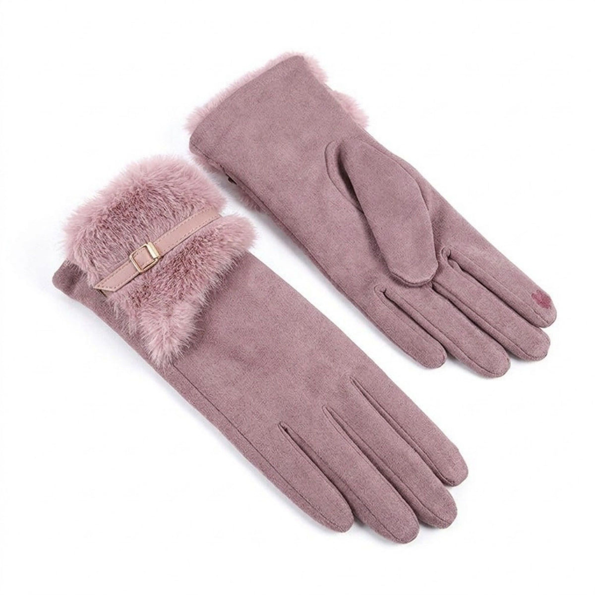 Faux Suede Gloves with Faux Fur Cuff and Buckle Detail 9.9 x 3.9in