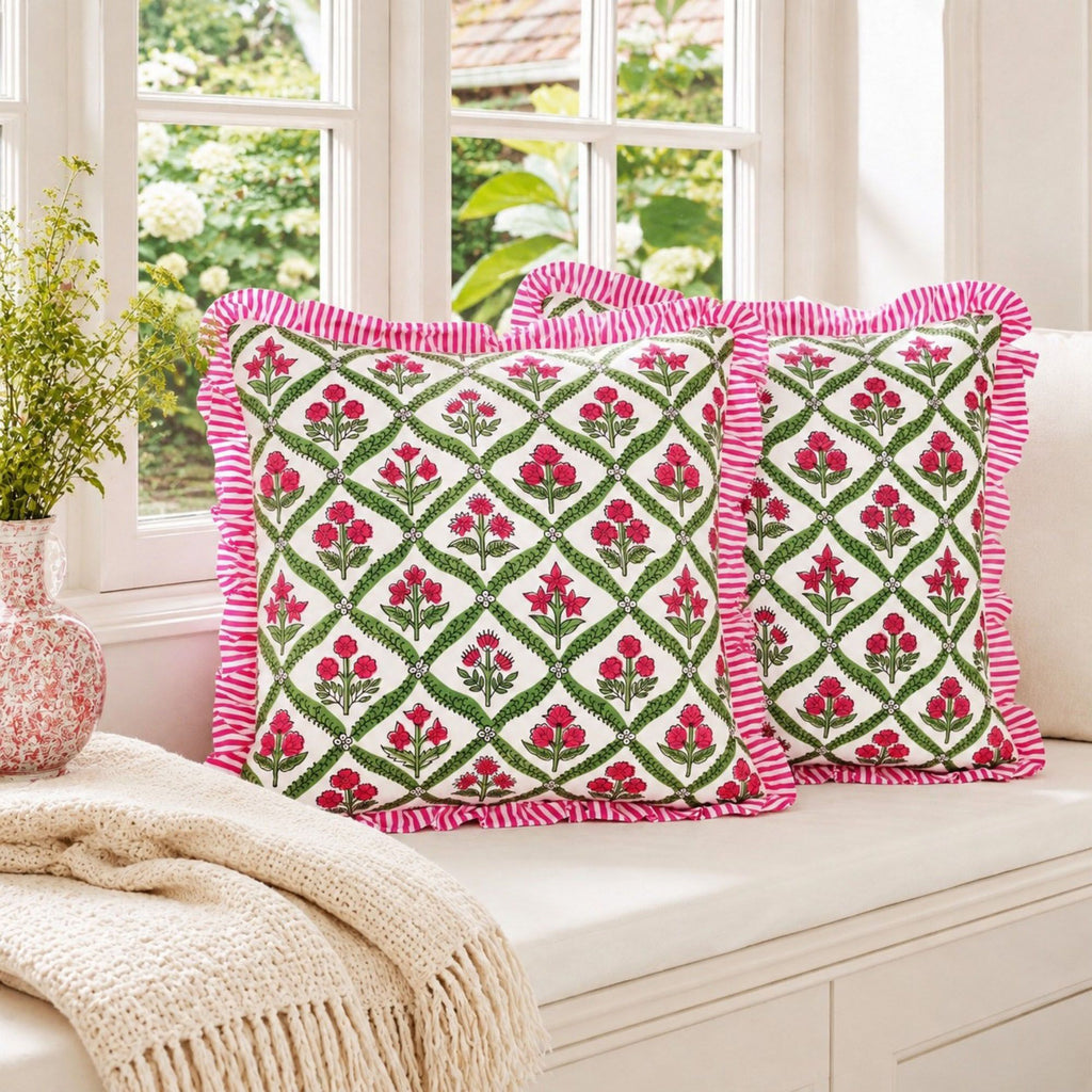 2 Pack Floral Lattice Ruffle Decorative Throw Pillow Covers