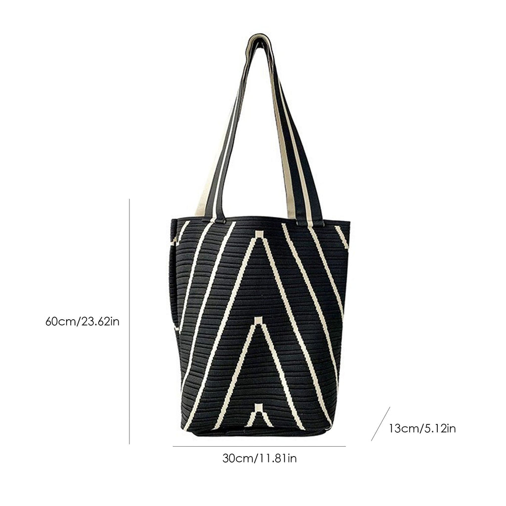 Geometric Stripe Knit Tote Bag with Long Shoulder Straps