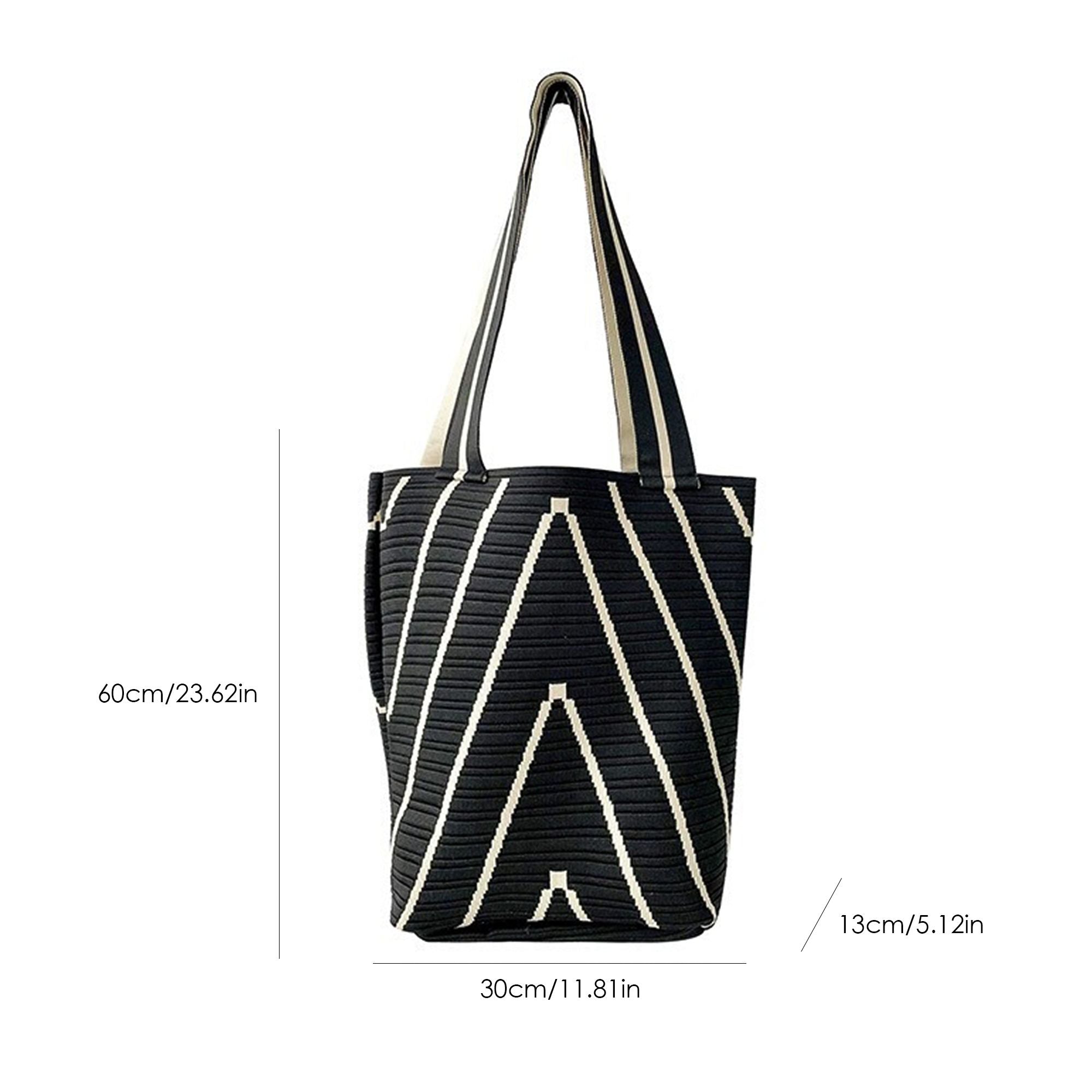 Geometric Stripe Knit Tote Bag with Long Shoulder Straps