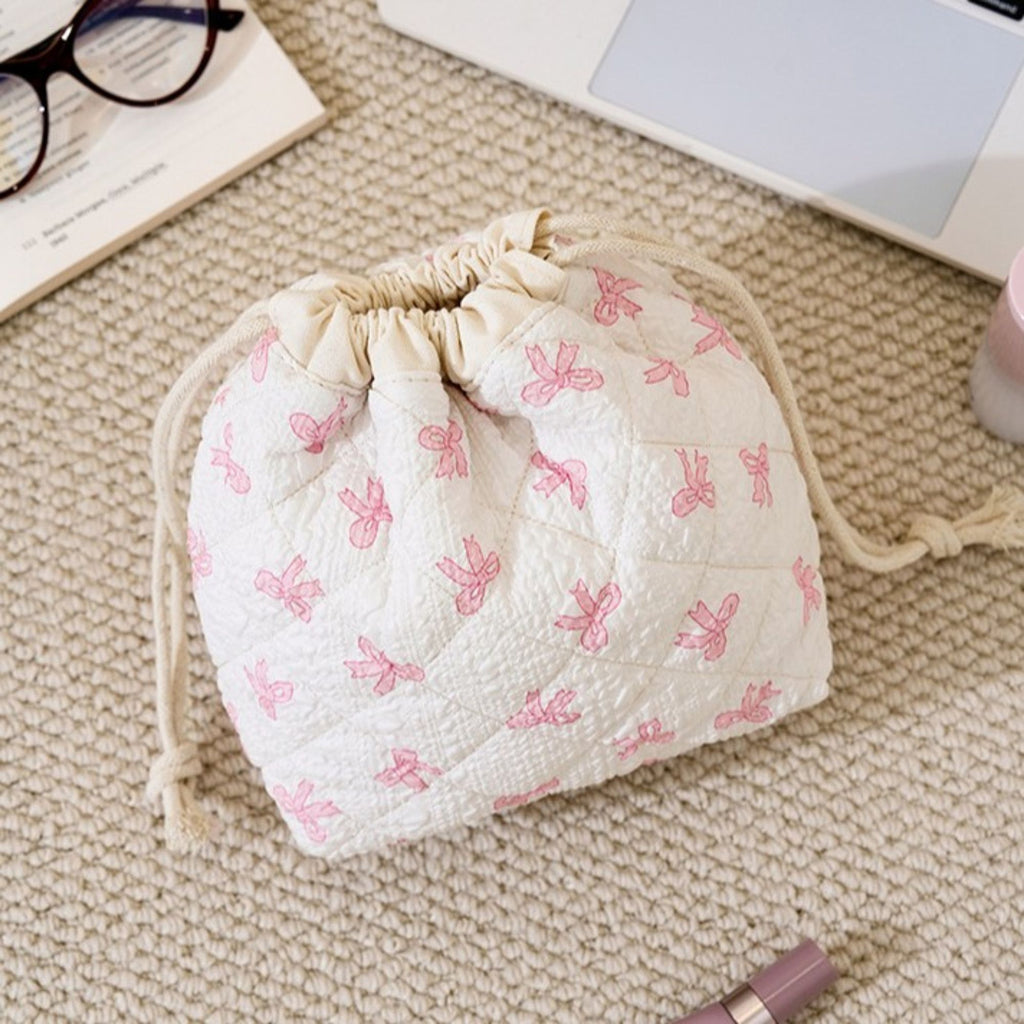 Quilted Drawstring Makeup Bag Large Capacity Portable Cosmetic Organizer Pouch