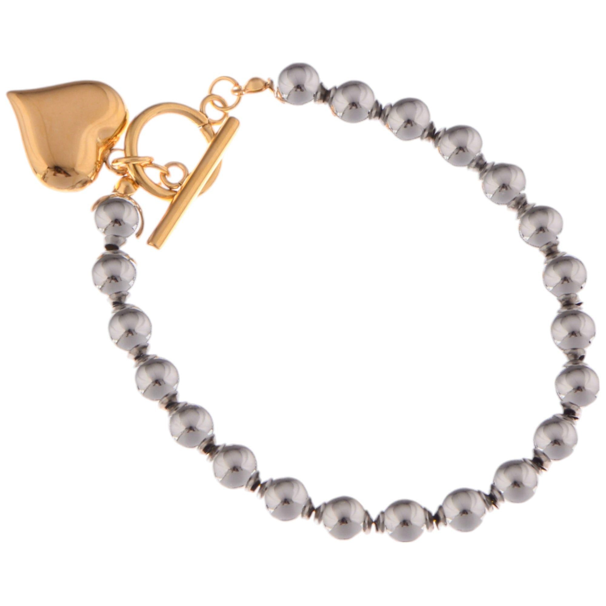 Silver Beaded Fashion Bracelet with Gold Heart Charm and Toggle Clasp