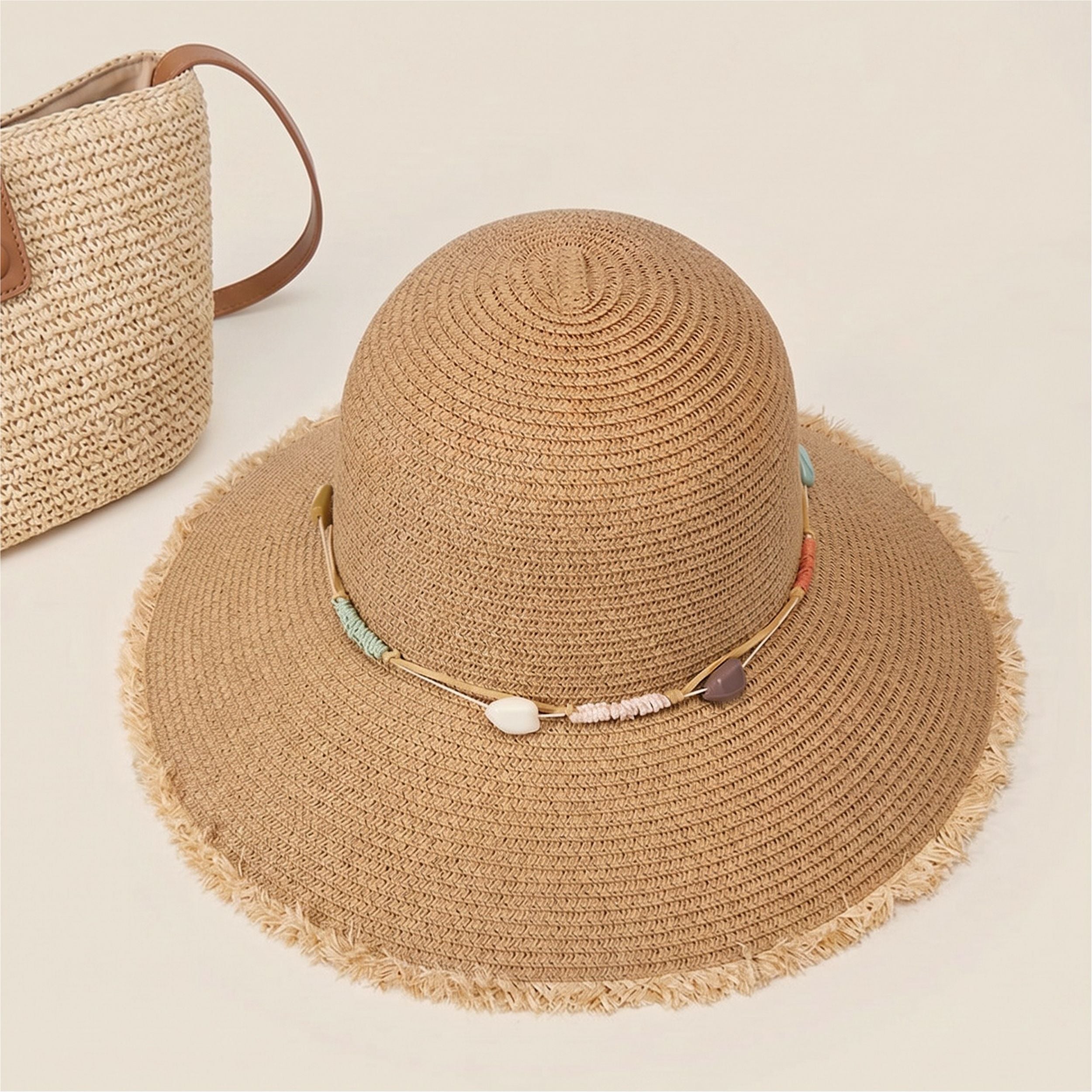 Straw Sun Hat Wide Brim Beaded Trim Summer Beach Vacation Hat Lightweight