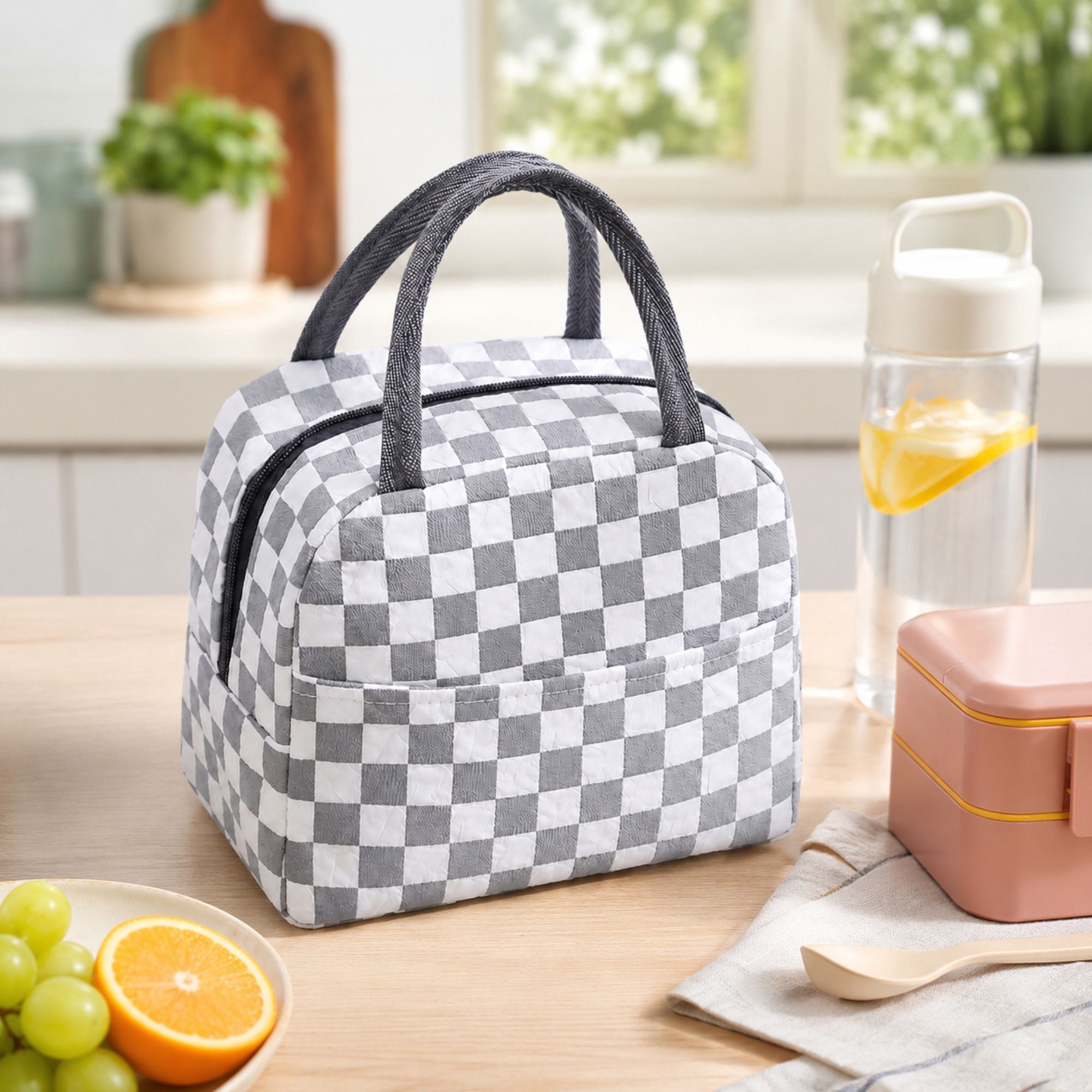 Checkered Insulated Lunch Bag Reusable Zipper Tote with Front Pocket