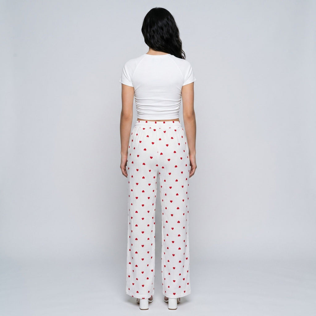 Heart Print Wide Leg Lounge Pants Elastic Drawstring Waist Casual Trousers with Pockets