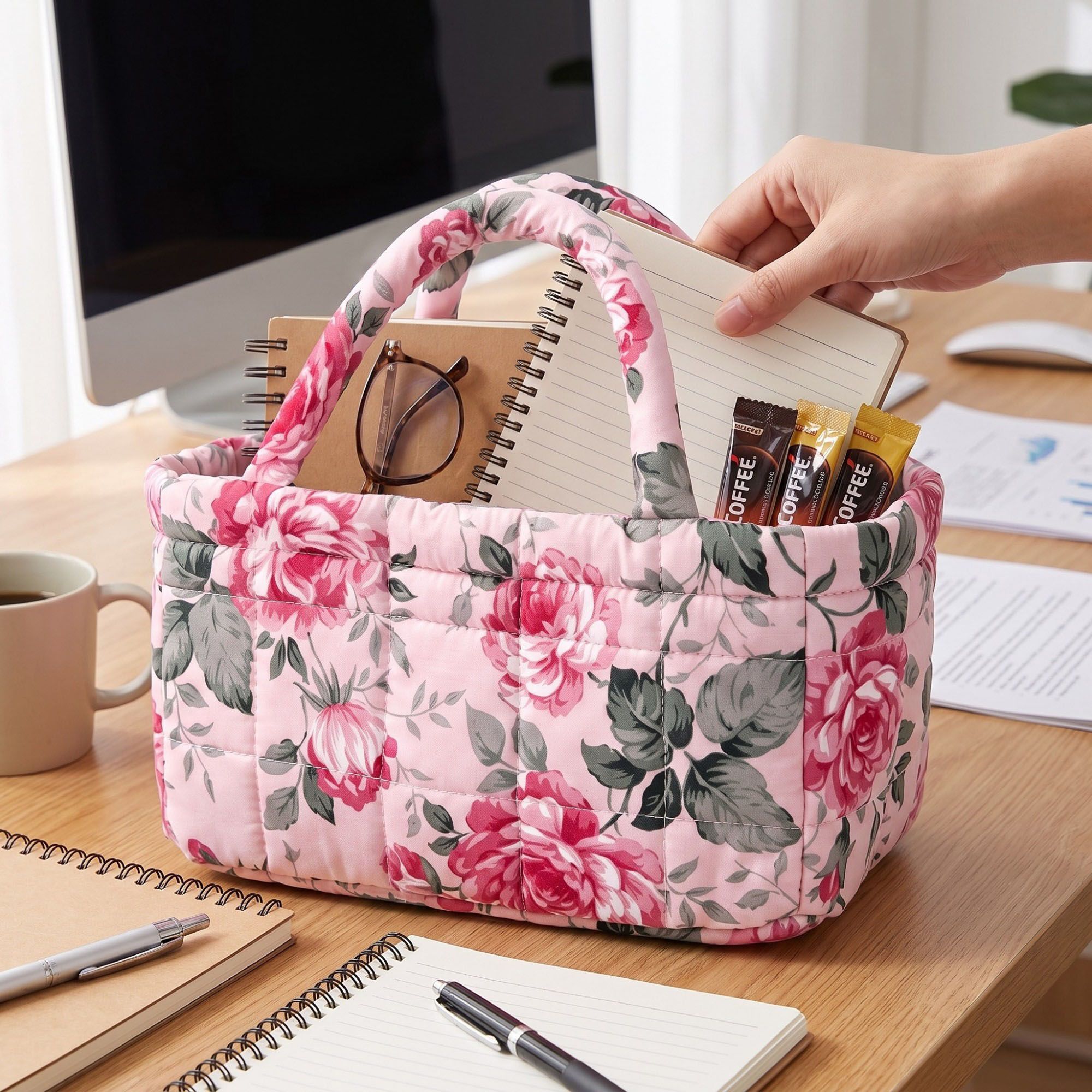 Quilted Floral Storage Basket with Handles