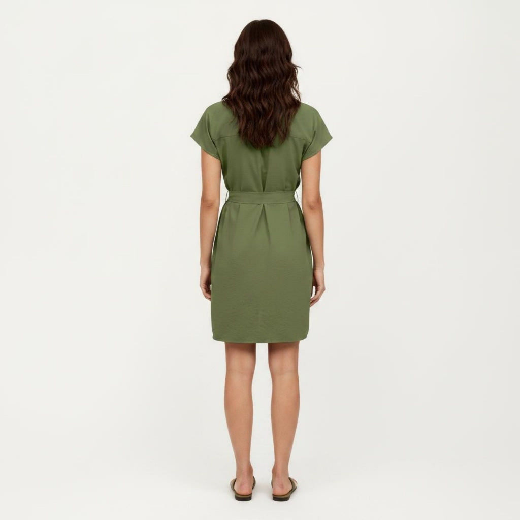 Anna-Kaci Women's Short Sleeve Button Front Shirt Dress with Collared Neckline and Adjustable Waist Tie
